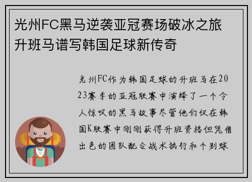 光州FC黑马逆袭亚冠赛场破冰之旅  升班马谱写韩国足球新传奇